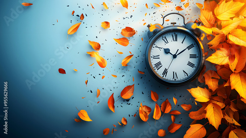 Daylight Saving Time ends , with clocks turning back, autumn leaves falling on blue background photo