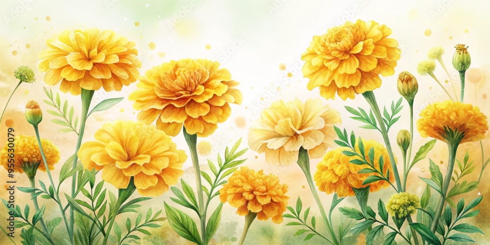 Soft, dreamy watercolor illustration of bright yellow marigold flowers with delicate petals and lush green leaves on a Soft, dreamy watercolor illustration of bright yellow marigold flowers with delicate petals and lush green leaves on a