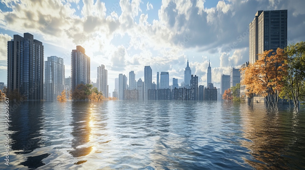 Fototapeta premium Rising sea levels and their effects on coastal cities