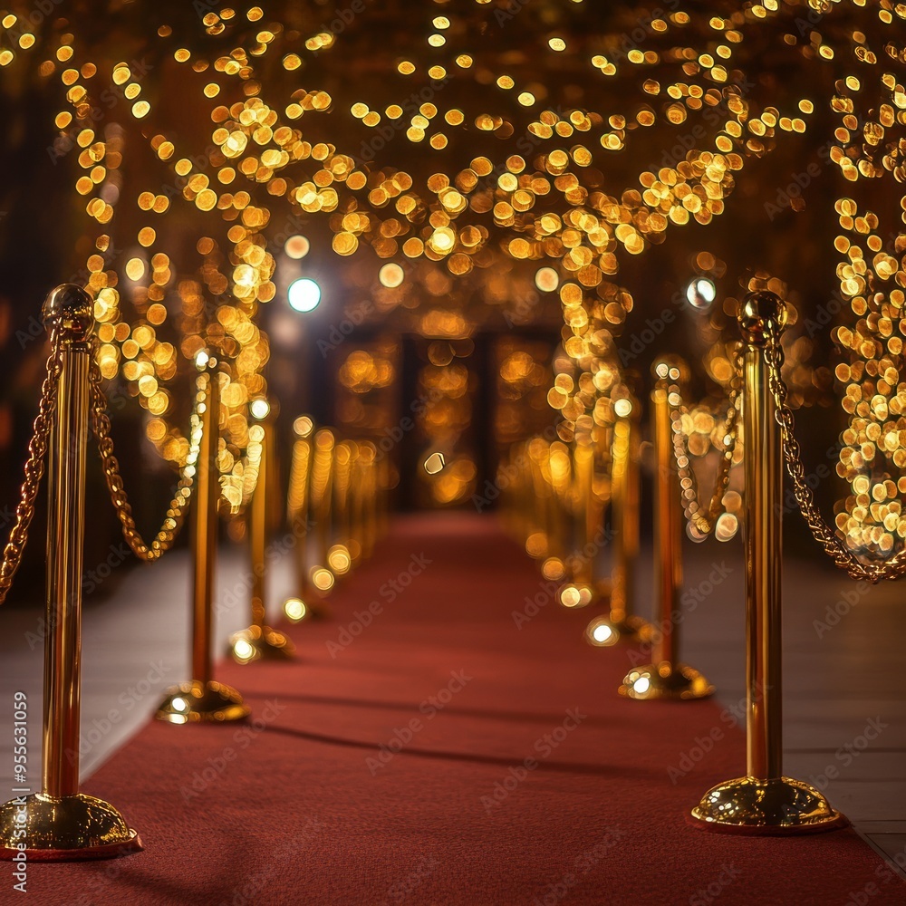 A glamorous red carpet event with golden velvet ropes and gold chains A glamorous red carpet event with golden velvet ropes and gold chains