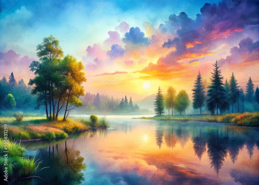 Obraz premium Softly blended watercolor textures and vibrant hues transform a serene landscape into a dreamy, ethereal atmosphere,