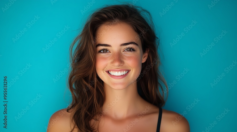 A smiling young woman with brown hair against a blue background. A smiling young woman with brown hair against a blue background.