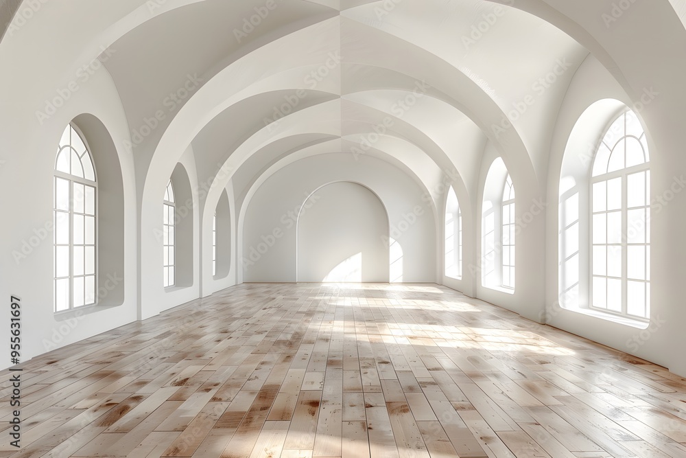 Spacious and Bright Interior with Elegant Arched Windows and Wooden Flooring Spacious and Bright Interior with Elegant Arched Windows and Wooden Flooring
