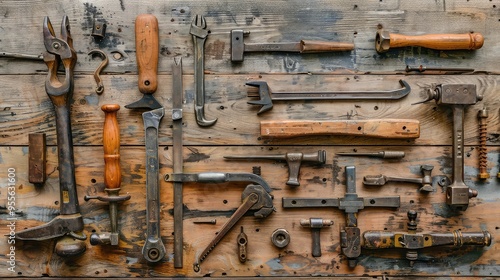 A collection of vintage tools displayed on a wooden workbench