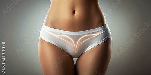 Softly lit, curved contours of the female anatomy, showcasing the gentle slope of the mons pubis, a symbol