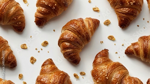 A selection of freshly baked croissants showcases their golden, flaky layers on a clean white surface, inviting anyone to enjoy their warm, buttery texture photo