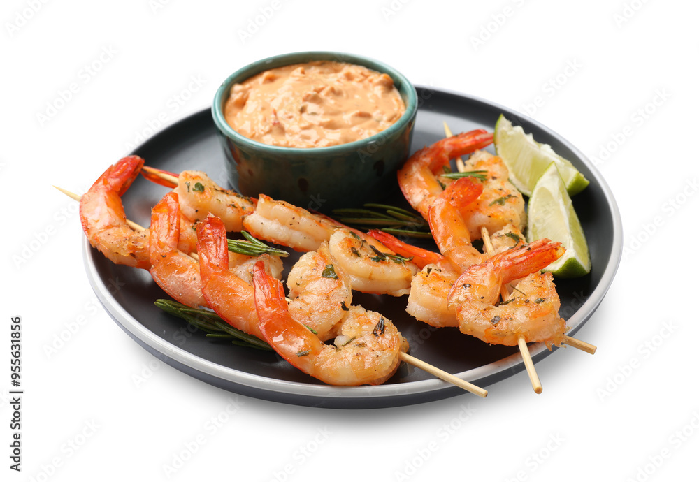 Skewers with delicious grilled shrimps, lime and sauce isolated on white Skewers with delicious grilled shrimps, lime and sauce isolated on white