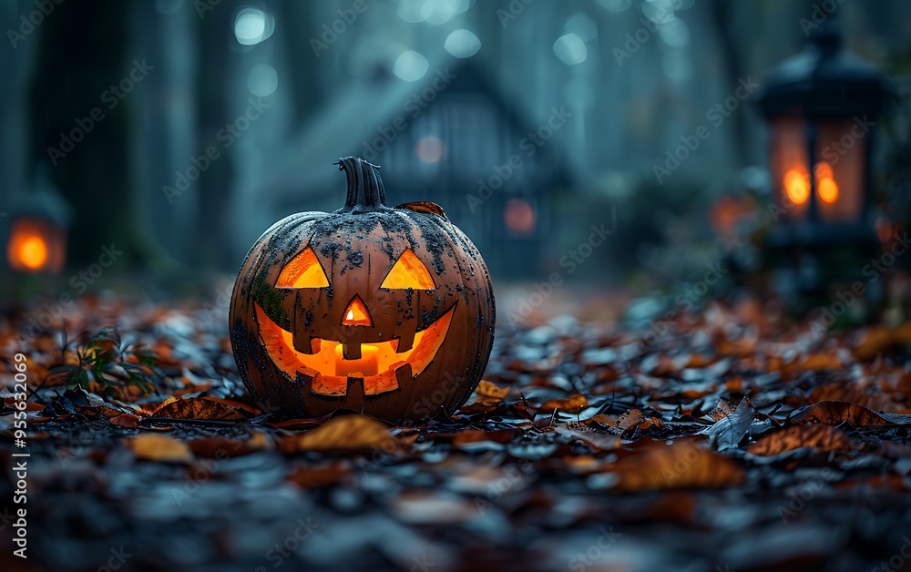 A carved pumpkin with a lit candle inside sits on a path in a forest, with a spooky house and lanterns in the background. A carved pumpkin with a lit candle inside sits on a path in a forest, with a spooky house and lanterns in the background.