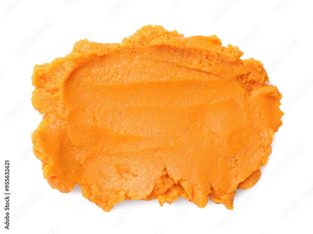 Delicious mashed sweet potatoes isolated on white, top view Delicious mashed sweet potatoes isolated on white, top view