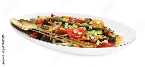 Delicious salad with grilled vegetables and cutlery isolated on white