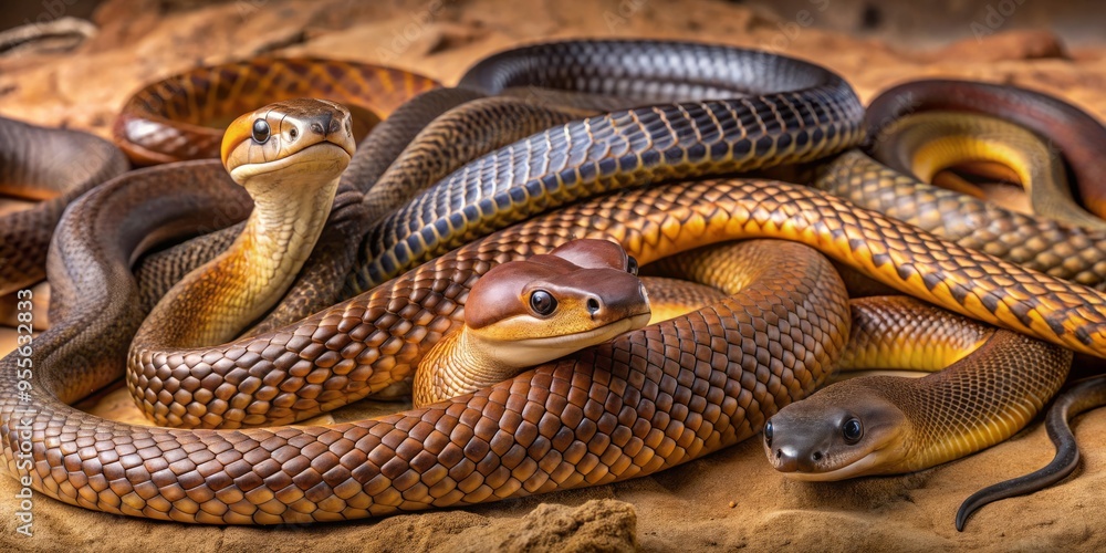 Venomous Australian Snakes On A Textured Background Including A Brown Taipan And A Banded/Common Taipan Venomous Australian Snakes On A Textured Background Including A Brown Taipan And A Banded/Common Taipan