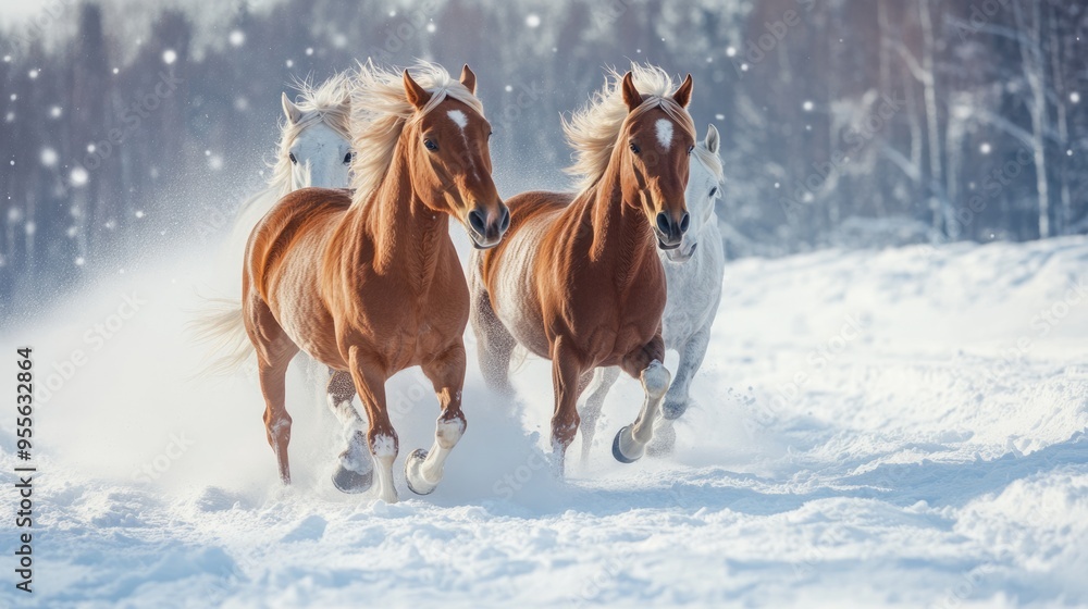 Horses In Winter. Majestic Brown and White Horses Running Through Snowy Landscape Horses In Winter. Majestic Brown and White Horses Running Through Snowy Landscape