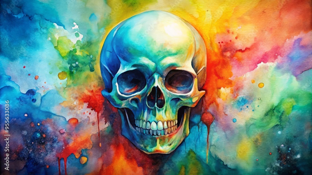 Vibrant, Abstract Watercolor Painting Of A Human Skull In Hues Of Blue, Green, And Red, Conveying A Sense Vibrant, Abstract Watercolor Painting Of A Human Skull In Hues Of Blue, Green, And Red, Conveying A Sense