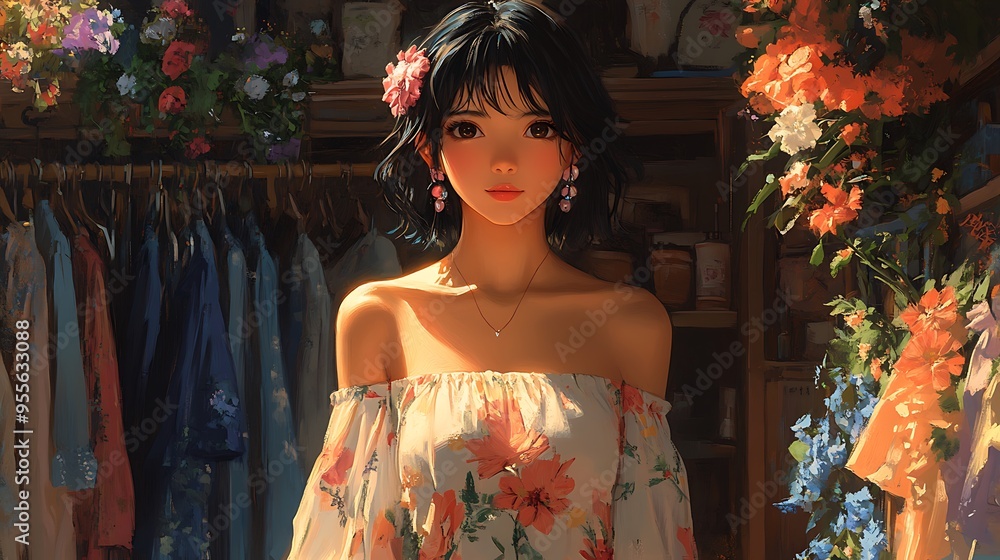 Obraz premium Beautiful Anime Girl in Floral Dress.