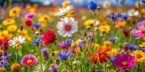 Vibrant And Delicate Petals Of Assorted Wildflowers Bloom In A Picturesque Meadow, Creating A Vibrant Tapestry Of