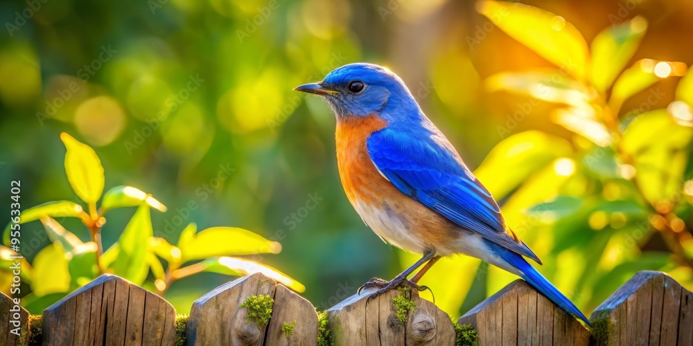 Fototapeta premium Vibrant bluebird perched on a rustic wooden fence, surrounded by lush greenery, with bright blue feathers glistening in