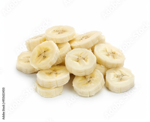 Sliced bananas, isolated on white background, fresh organic fruit