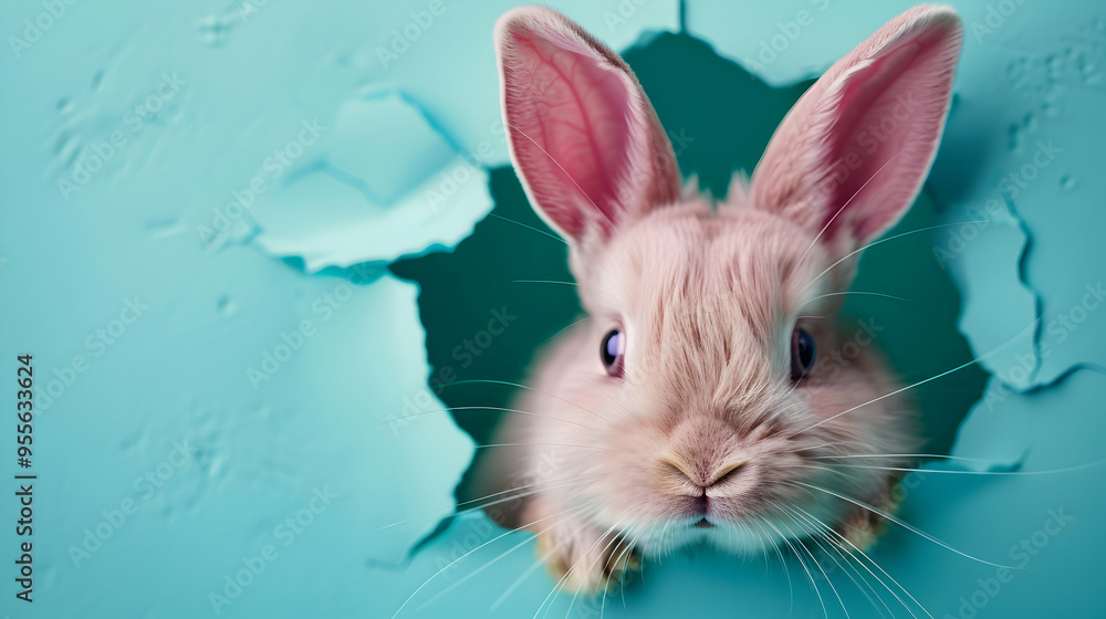 Obraz premium Bunny Peeking Out Hole Blue Wall Fluffy