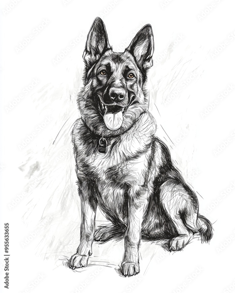 Sketch of a Dog. German Shepherd Sitting Obediently in Hand-Drawn Animal Illustration Sketch of a Dog. German Shepherd Sitting Obediently in Hand-Drawn Animal Illustration