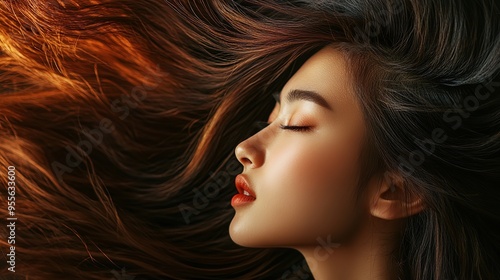 Portrait of a stunning young Asian woman with vibrant, shining hair in motion.