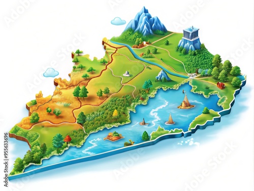 Vibrant color illustration of Kentucky state map showcasing major cities, rivers, and borders, with a detailed terrain