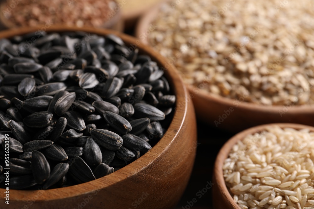 Fototapeta premium Different cereals and seeds in bowls on table, closeup