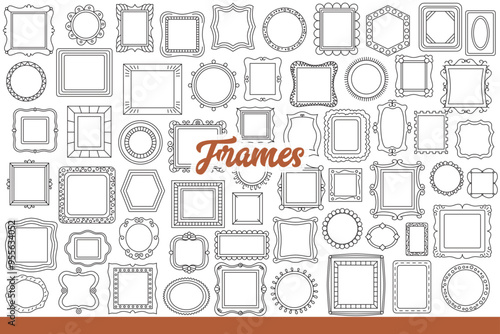 Frames for paintings and photographs decorating wall in art gallery or museum. Beautiful wooden frames for paintings or mirrors for interior design of apartment in baroque style. Hand drawn.