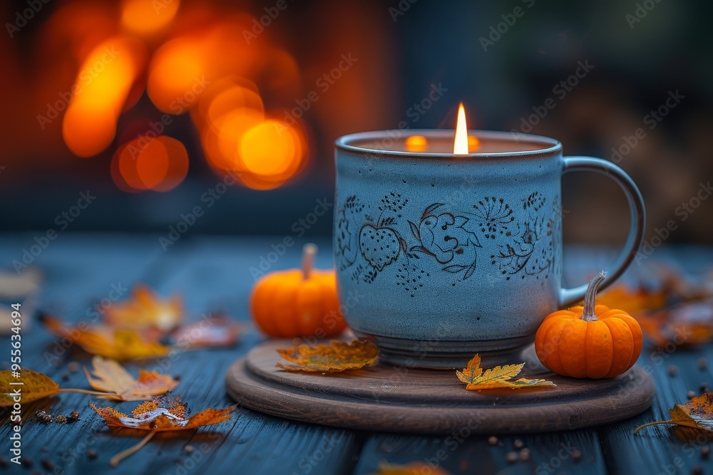 Cozy autumn still life warm tea, pumpkins, and colorful leaves by the fireplace for fall vibes Cozy autumn still life warm tea, pumpkins, and colorful leaves by the fireplace for fall vibes