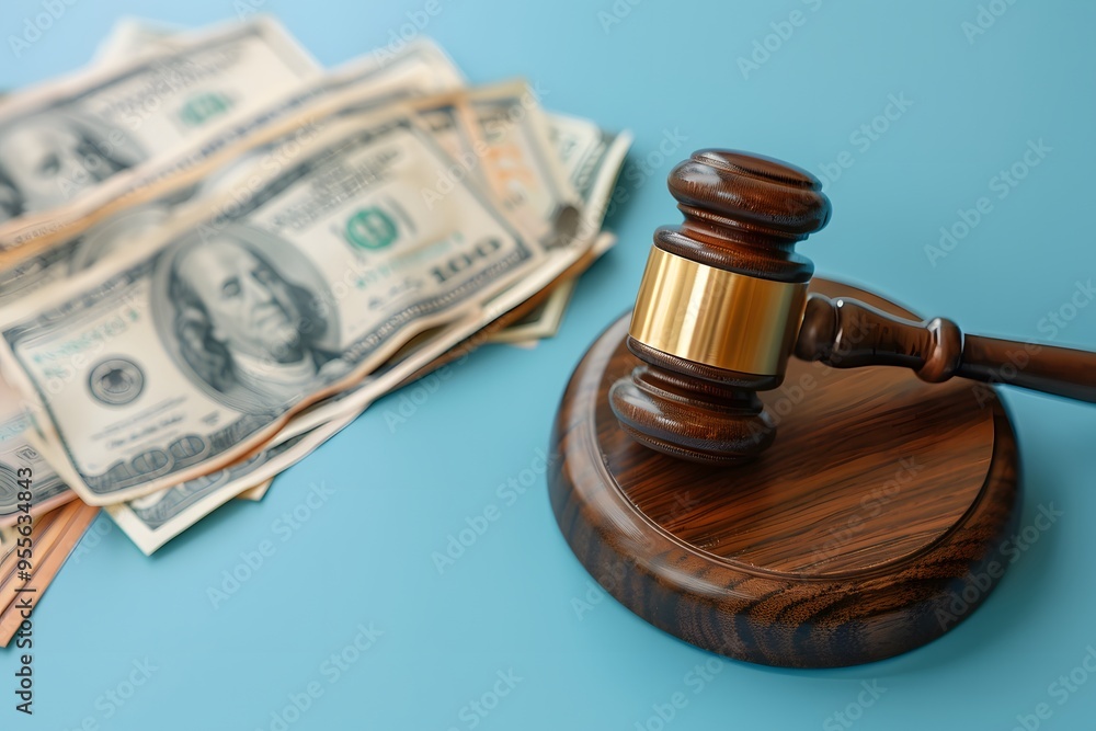 Justice and Wealth: A Gavel Resting on a Blue Surface Beside Stacks of Cash Justice and Wealth: A Gavel Resting on a Blue Surface Beside Stacks of Cash