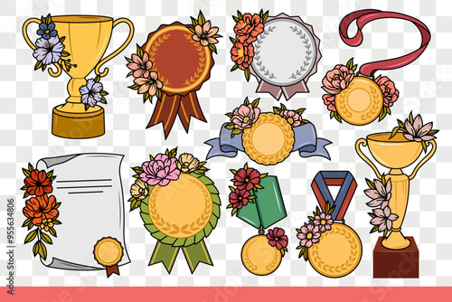Cups and medals or gift certificate to reward best employees of month. Gold and silver items to reward for valiant service in corporation and excellent professional skills. Hand drawn.