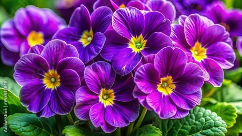 Vibrant purple flowers with yellow centers and delicate petals bloom on a stem, surrounded by lush green leaves,