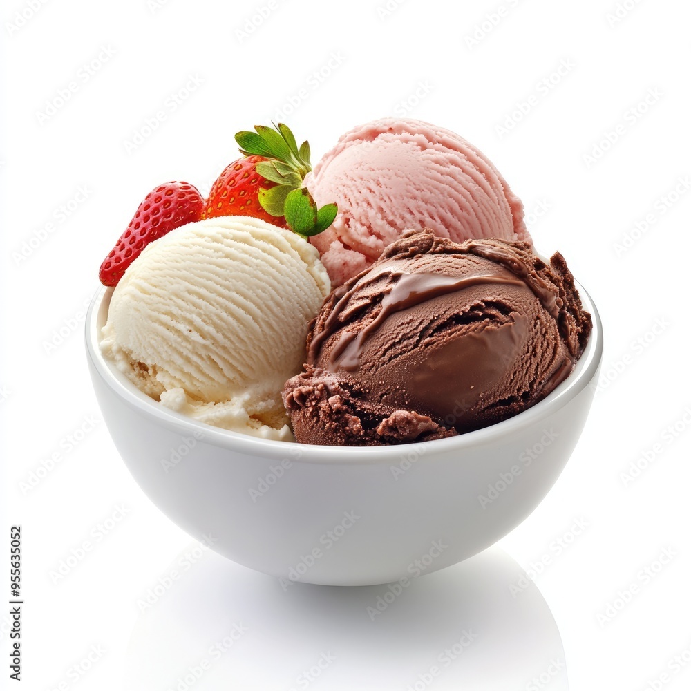 Bowl Of Icecream. Trio of Chocolate, Strawberry, and Vanilla Ice Cream Scoops on White Background Bowl Of Icecream. Trio of Chocolate, Strawberry, and Vanilla Ice Cream Scoops on White Background