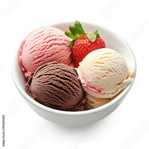 Bowl Of Icecream. Trio of Chocolate, Strawberry, and Vanilla Ice Cream Scoops on Isolated White Background