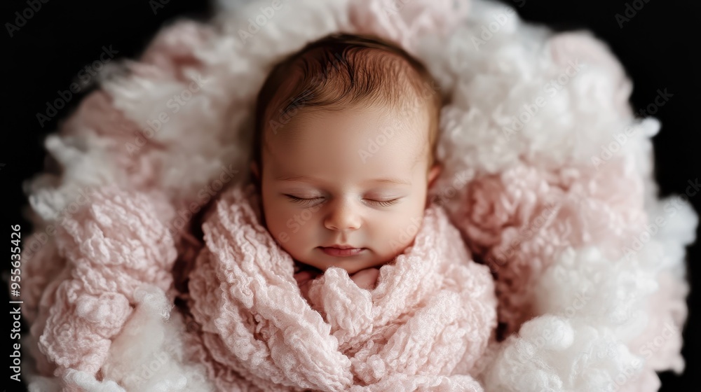 A newborn baby sleeps peacefully, wrapped snugly in a pink fluffy blanket, creating a sense of warmth, innocence, and serenity in a cozy indoor setting. A newborn baby sleeps peacefully, wrapped snugly in a pink fluffy blanket, creating a sense of warmth, innocence, and serenity in a cozy indoor setting.