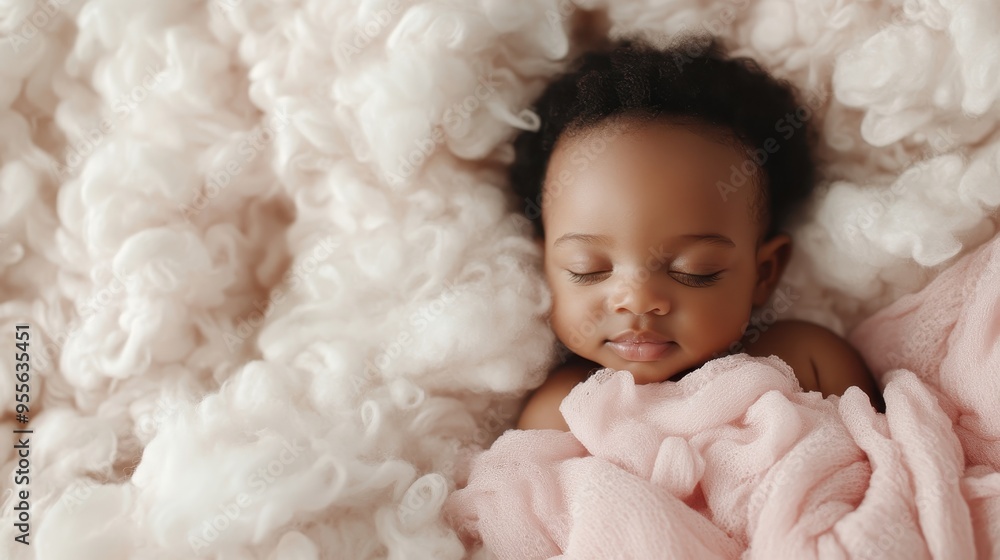 A baby with delicate features sleeps soundly wrapped in a pink blanket amidst fluffy, cloud-like material, creating a dreamy and serene ambiance. A baby with delicate features sleeps soundly wrapped in a pink blanket amidst fluffy, cloud-like material, creating a dreamy and serene ambiance.
