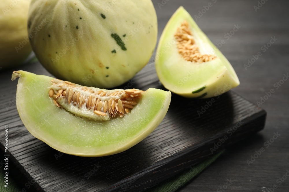 Fresh whole and cut honeydew melons on black wooden table, closeup Fresh whole and cut honeydew melons on black wooden table, closeup