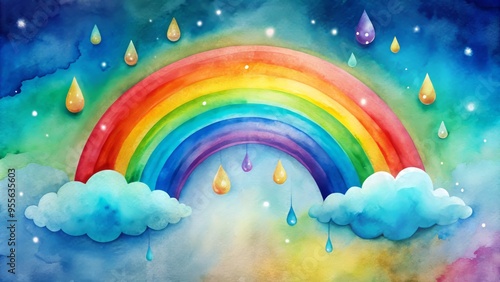 Vibrant watercolor clipart features a stunning rainbow unfolding from a cloud, surrounded by whimsical droplets and