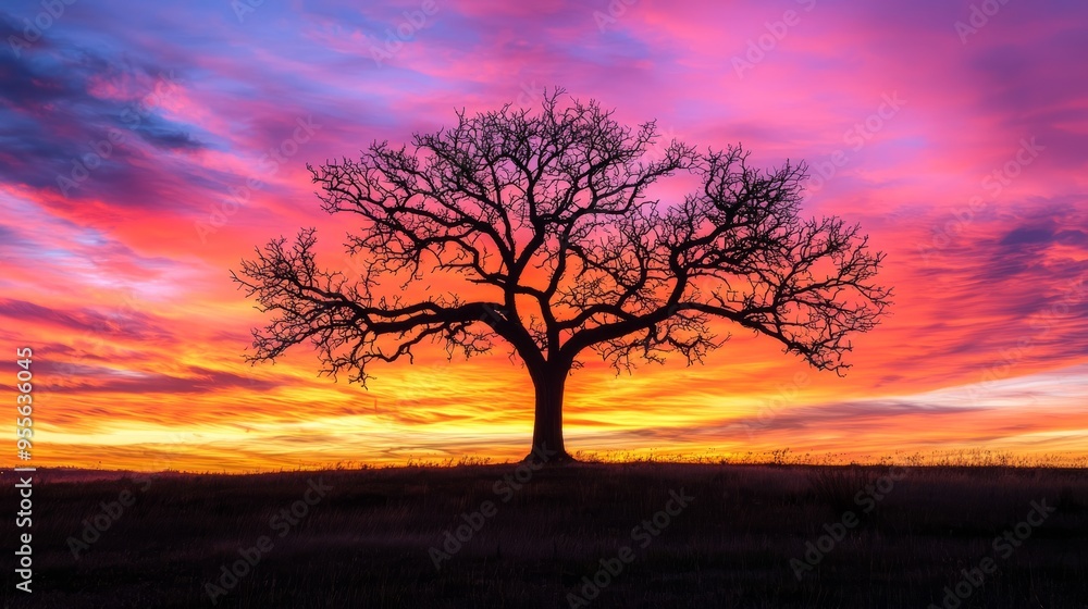 Obraz premium Silhouette of a Tree Against a Vibrant Sunrise