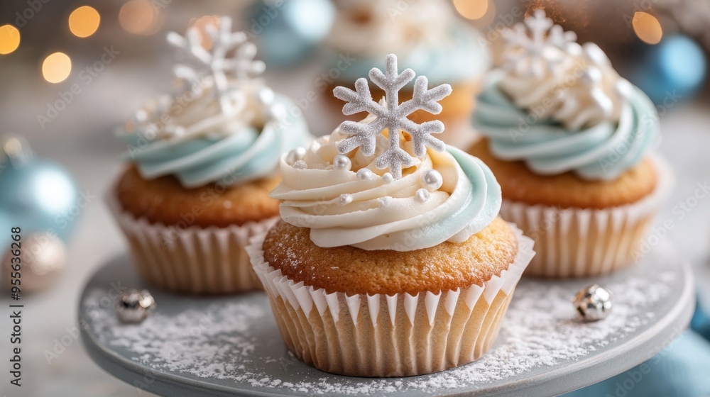 winter-themed dessert display featuring festive cupcakes with snowflake decorations, creating a christmas treats concept banner winter-themed dessert display featuring festive cupcakes with snowflake decorations, creating a christmas treats concept banner