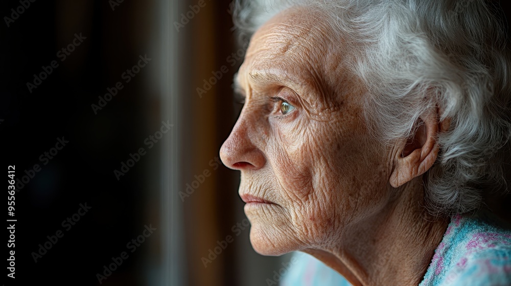 The image showcases an elderly woman deeply engrossed in contemplation while sitting by a window, with gentle light softly illuminating her features in a serene atmosphere. The image showcases an elderly woman deeply engrossed in contemplation while sitting by a window, with gentle light softly illuminating her features in a serene atmosphere.