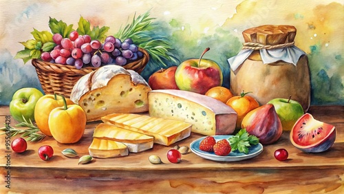 Vibrant watercolor illustration of a delectable still life featuring fresh fruits, artisanal bread, and rich cheese,