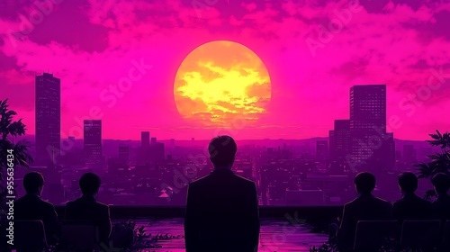 Silhouettes of people watching the sunset over a cityscape.