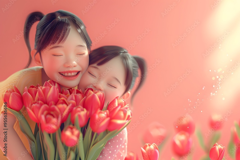 Joyful Sisters Embracing a Bouquet of Tulips in a Dreamy Setting Joyful Sisters Embracing a Bouquet of Tulips in a Dreamy Setting