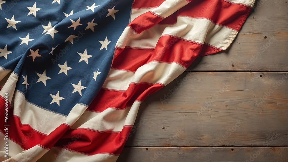 American Flag Draped Over Wooden Surface