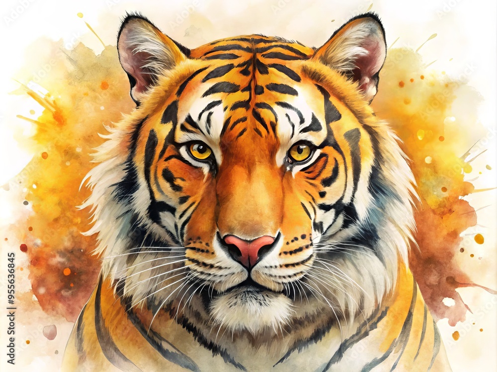 Fototapeta premium Vibrant watercolor illustration of a majestic tiger's face, rendered in soft, blended hues of orange, yellow, and