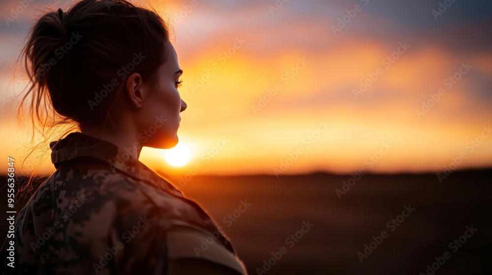 A solitary soldier stands in profile, facing the setting sun, with a serene and tranquil sunset sky in the background, exuding a sense of peace and reflection. A solitary soldier stands in profile, facing the setting sun, with a serene and tranquil sunset sky in the background, exuding a sense of peace and reflection.