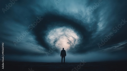 A lone figure stands under a mesmerizing night sky with a swirling, cosmic atmosphere, surrounded by misty clouds, evoking a sense of smallness in the vast universe.