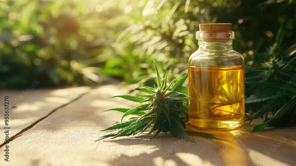 organic hemp plant beside oil bottle, holistic wellness banner with space for text, promoting natural health and well-being organic hemp plant beside oil bottle, holistic wellness banner with space for text, promoting natural health and well-being