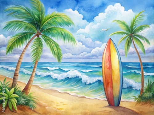 Vibrant watercolor illustration of a surfboard on a beach, surrounded by swirling waves and palm trees, evoking a