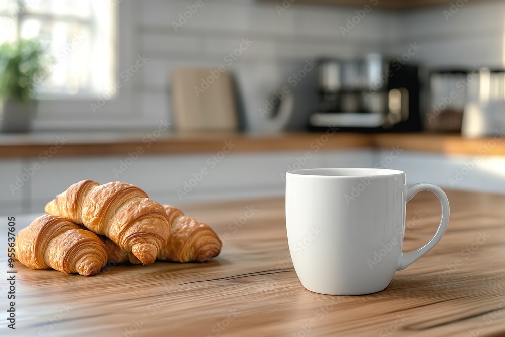 A white coffee mug on a wooden kitchen table with croissants. A white coffee mug on a wooden kitchen table with croissants.